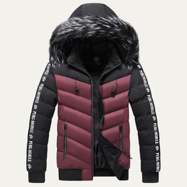 Mens Puffer Jacket Chevron Pattern Hooded Winter