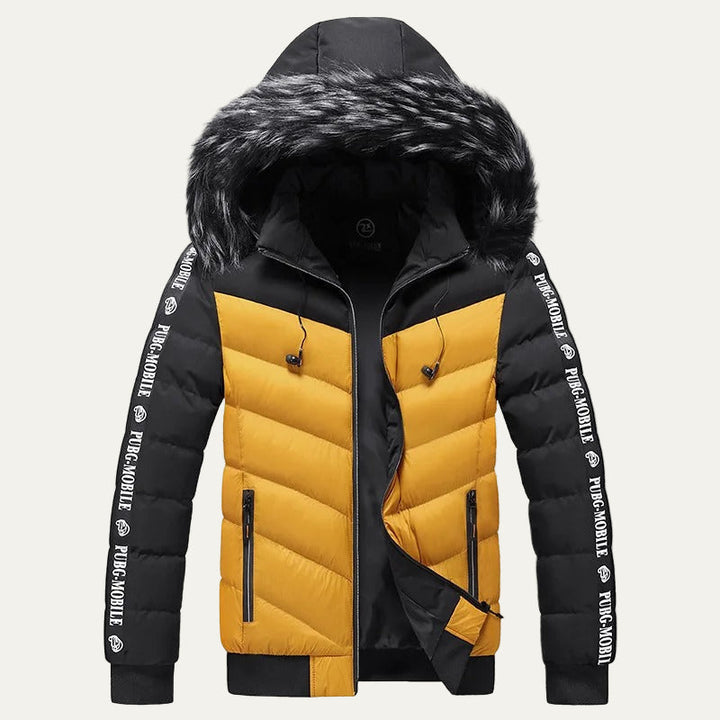 Mens Puffer Jacket Chevron Pattern Hooded Winter
