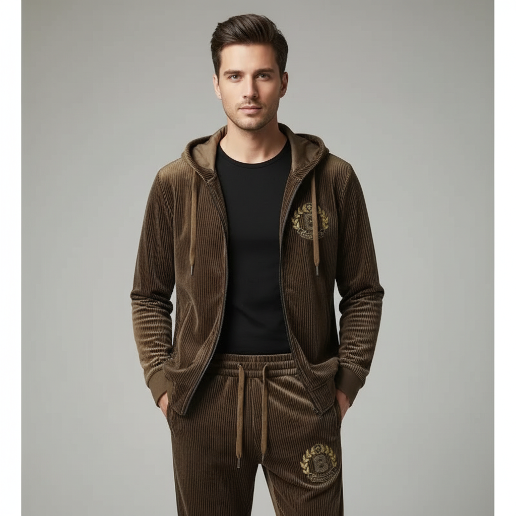 Mens Velvet Hooded Tracksuit Relaxed Fit - BritishMode