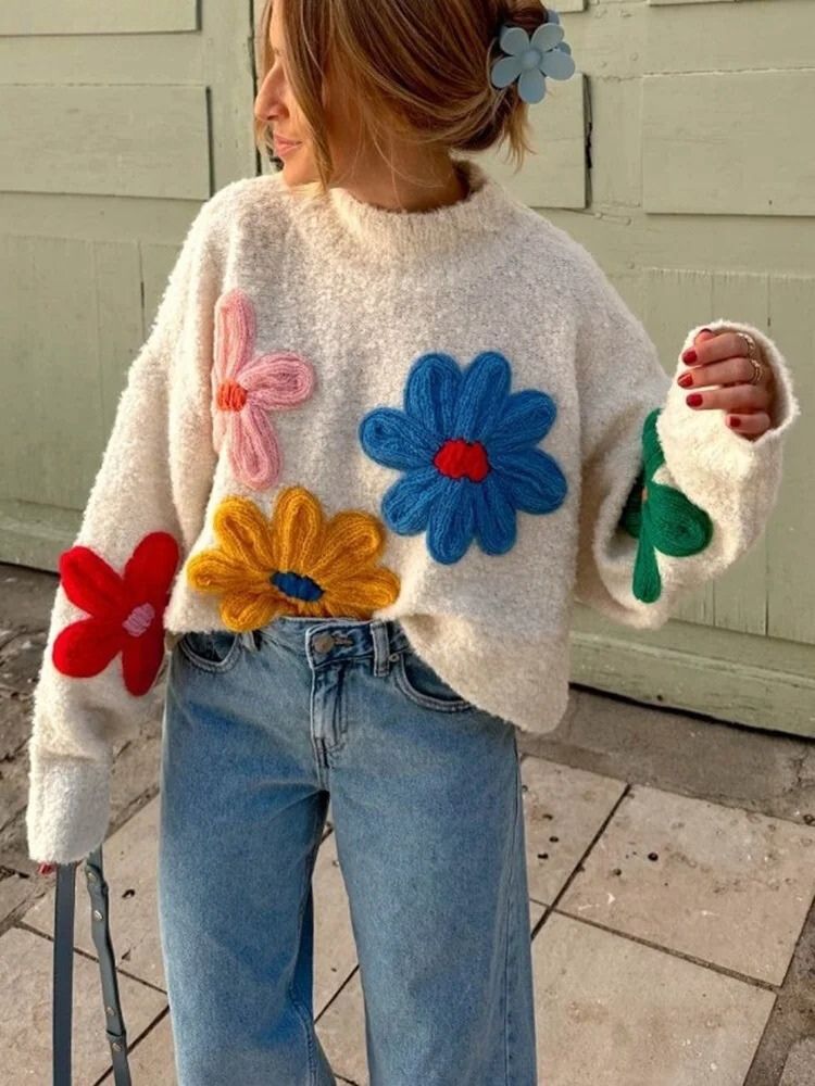 Womens Floral Knit Sweater Cozy Winter Fit - BritishMode
