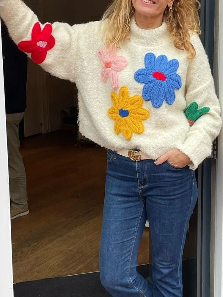 Womens Floral Knit Sweater Cozy Winter Fit