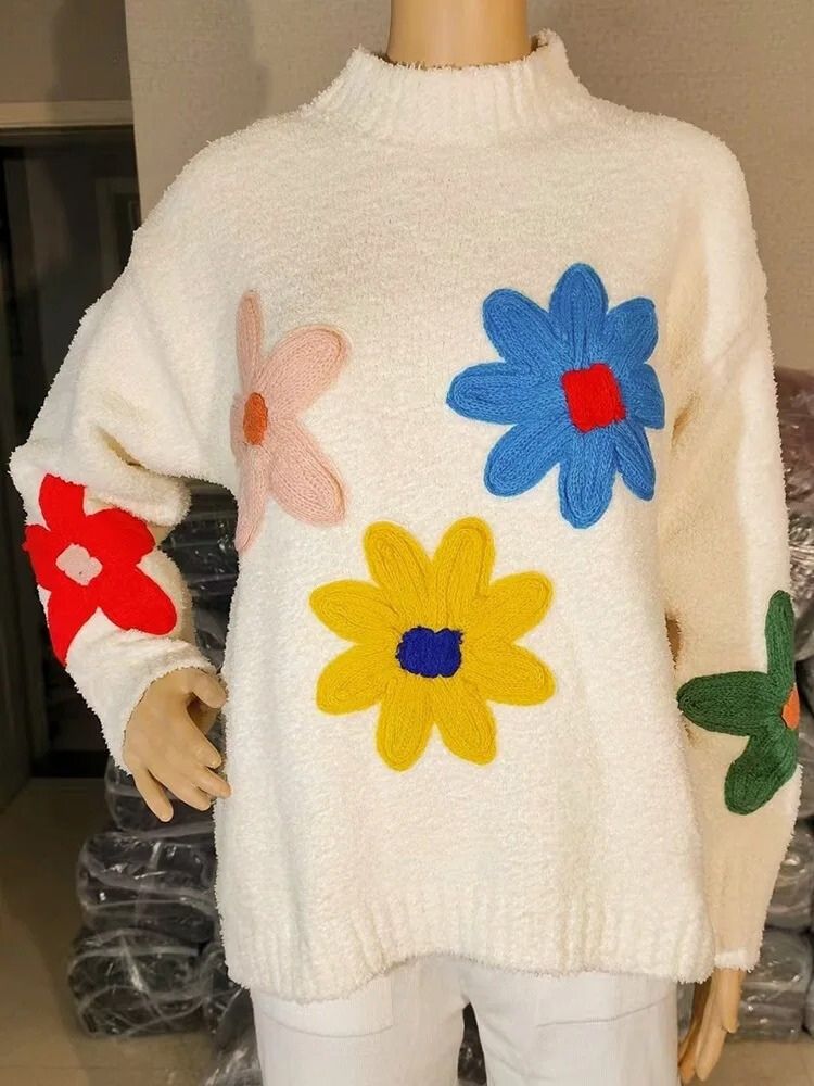 Womens Floral Knit Sweater Cozy Winter Fit