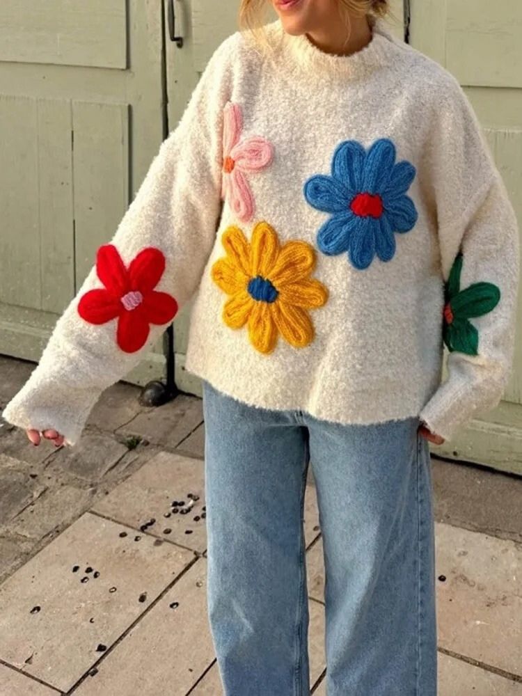 Womens Floral Knit Sweater Cozy Winter Fit