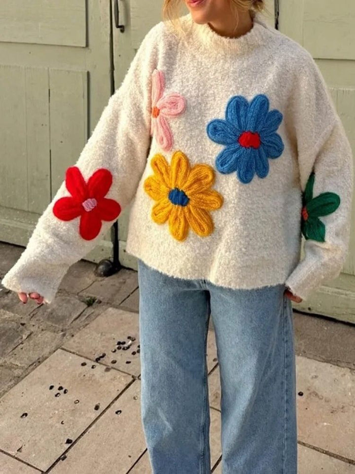 Womens Floral Knit Sweater Cozy Winter Fit