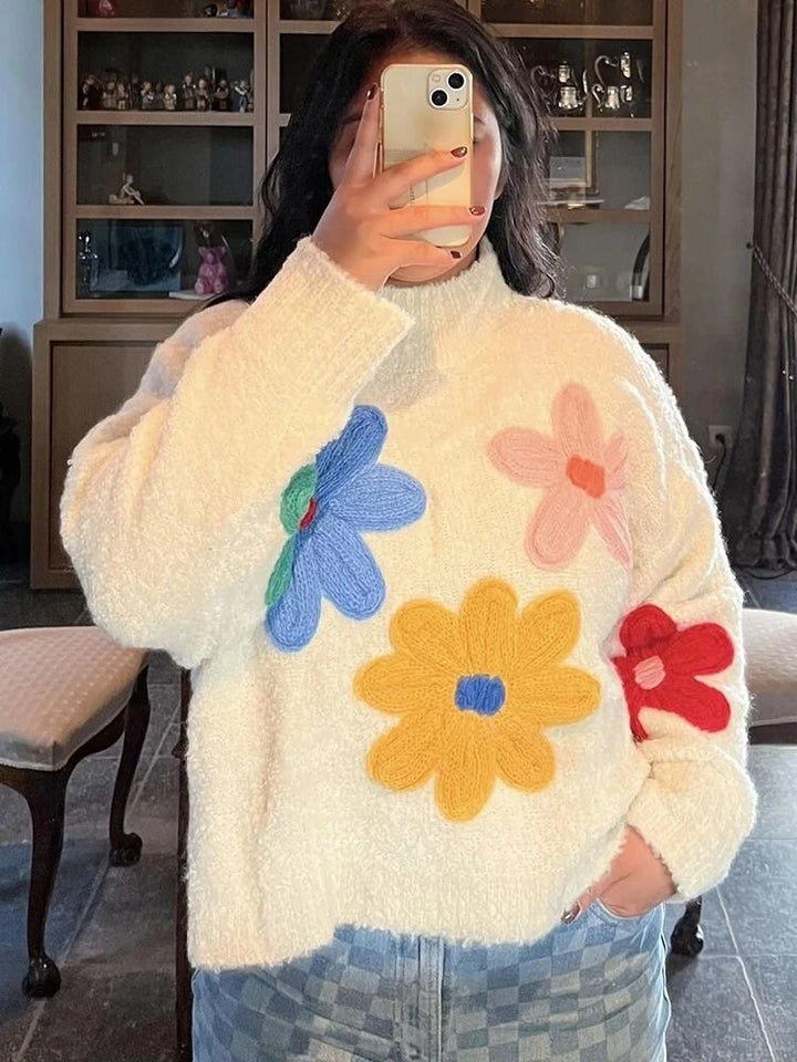 Womens Floral Knit Sweater Cozy Winter Fit