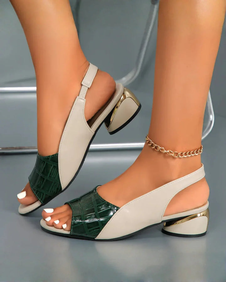 Womens Block Heel Slingback Sandals Croc-Embossed Leather