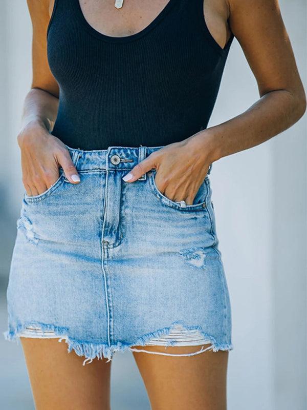 Womens Distressed Denim Skirt Frayed Hem - BritishMode
