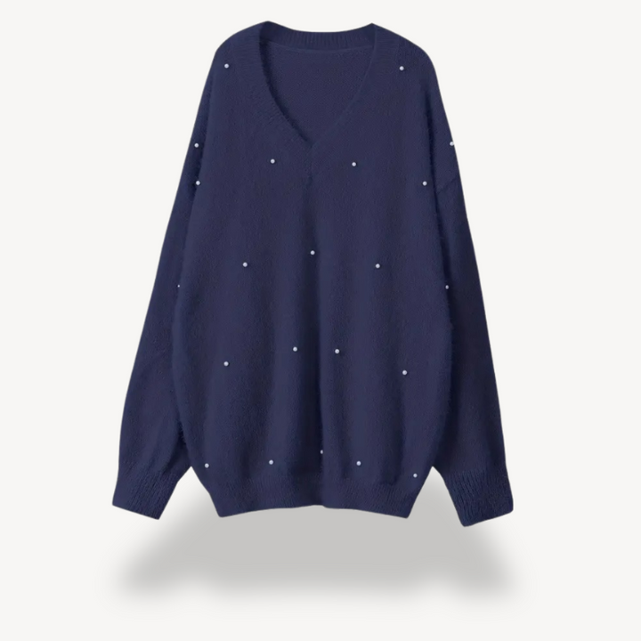 Womens V-Neck Sweater with Pearl Detail