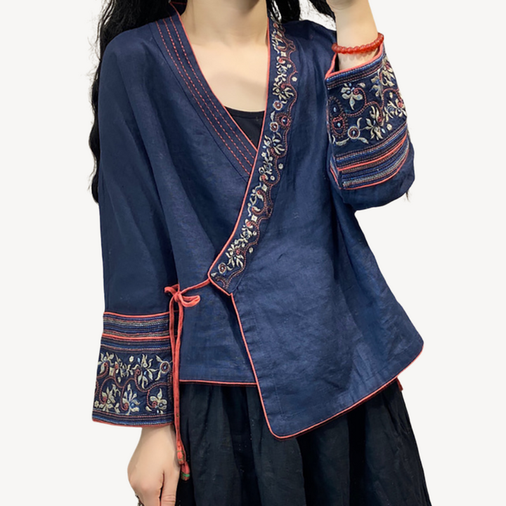 Womens Kimono Jacket Linen Blend Embroidered