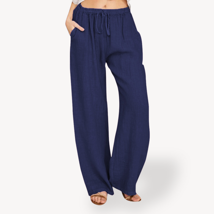 Womens Linen Wide-Leg Pants Drawstring Relaxed Fit