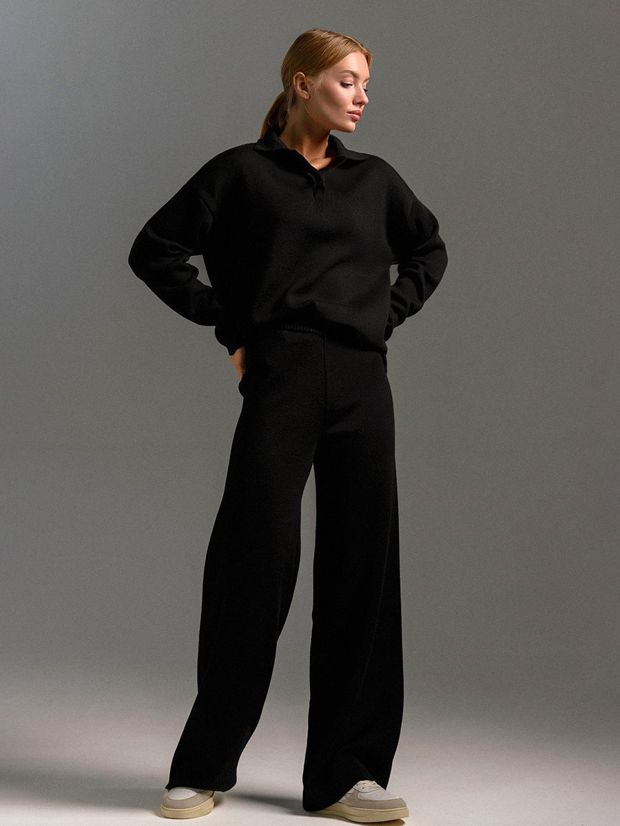 Womens Lounge Set Collared Pullover Wide Leg Trousers