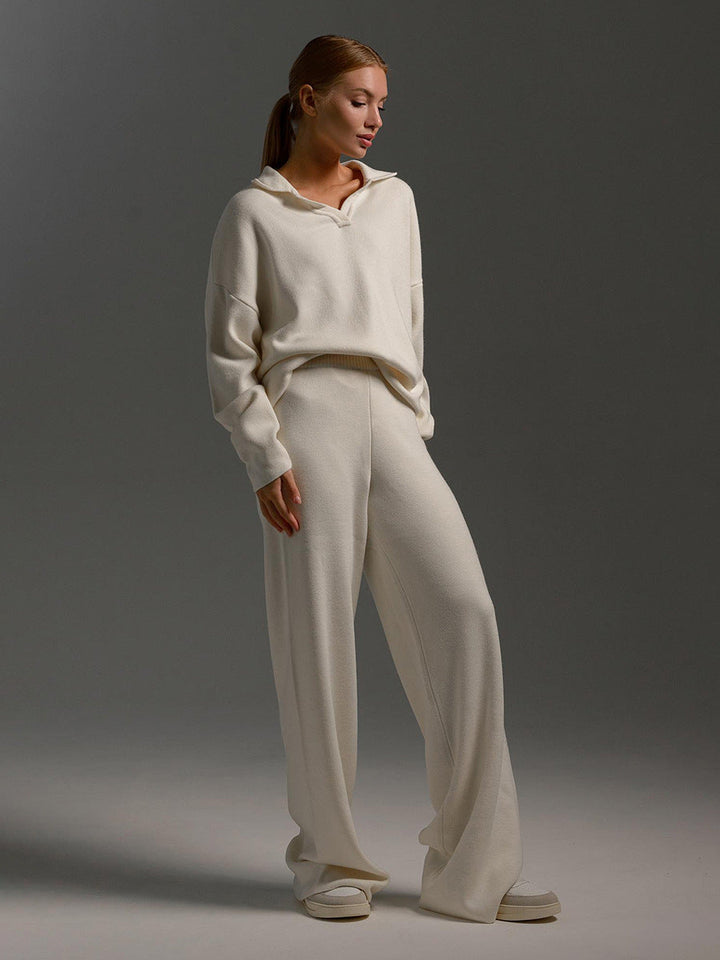 Womens Lounge Set Collared Pullover Wide Leg Trousers