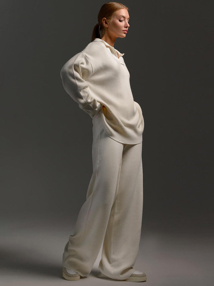 Womens Lounge Set Collared Pullover Wide Leg Trousers