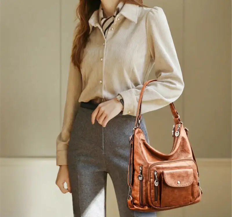 Womens Leather Handbag Multiple Pocket Design