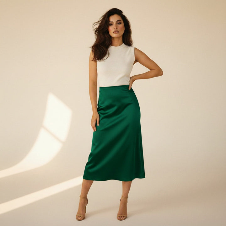 Womens Satin Midi Skirt Elegant Fit