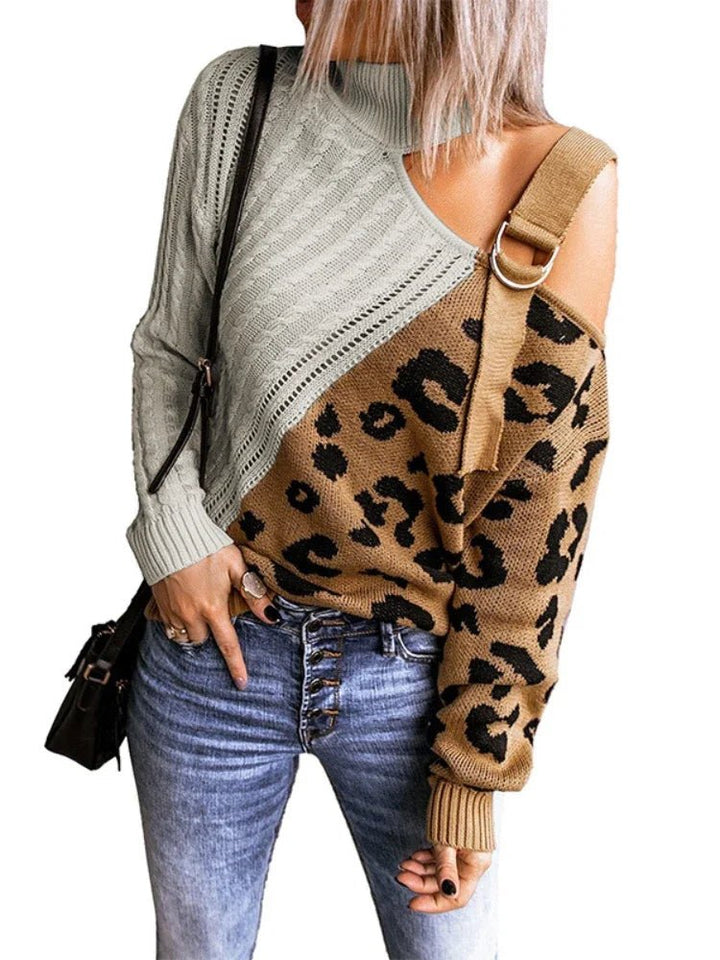 Womens One-Shoulder Sweater with Leopard Print Winter Style