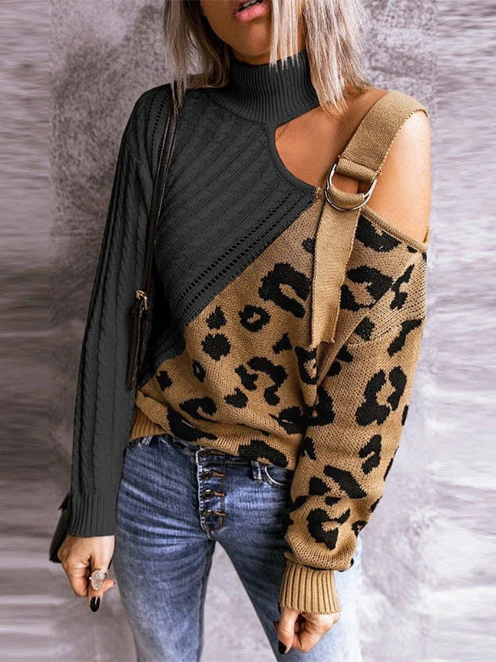 Womens One-Shoulder Sweater with Leopard Print Winter Style - BritishMode