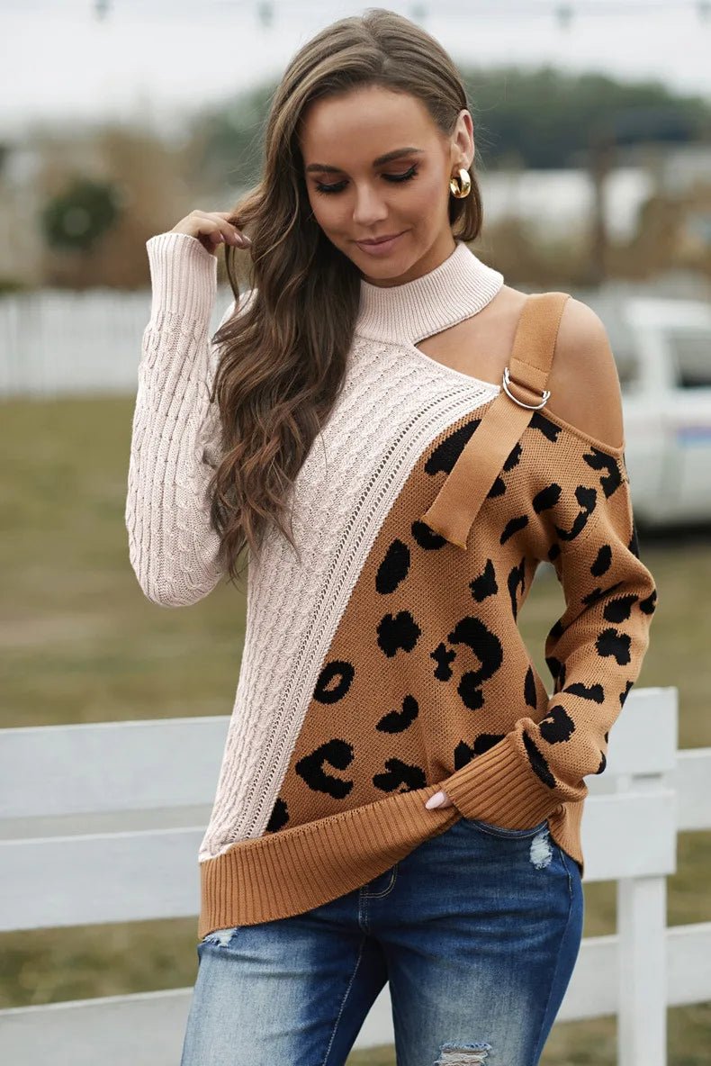 Womens One-Shoulder Sweater with Leopard Print Winter Style