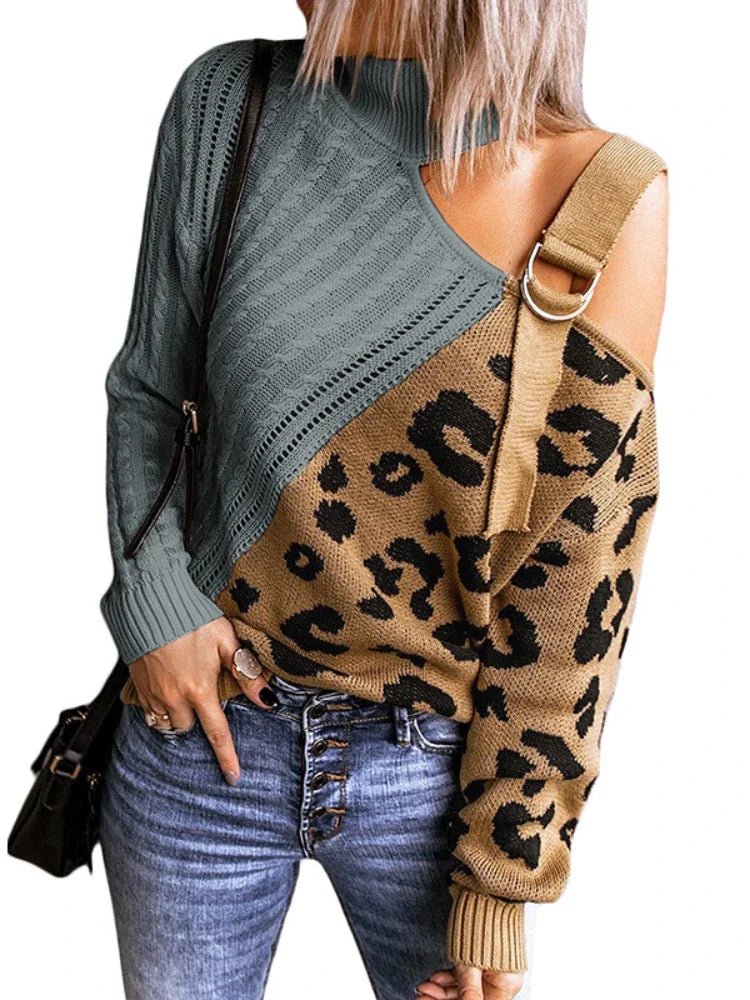 Womens One-Shoulder Sweater with Leopard Print Winter Style