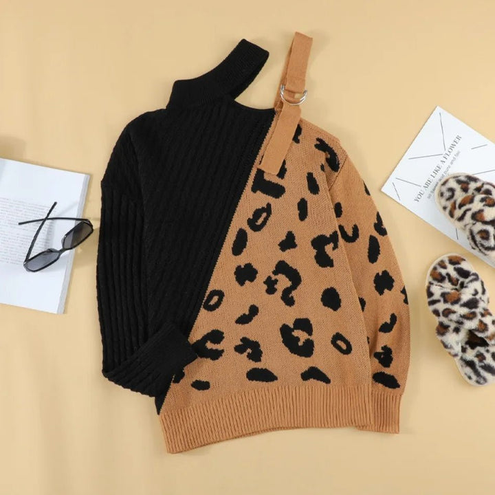Womens One-Shoulder Sweater with Leopard Print Winter Style