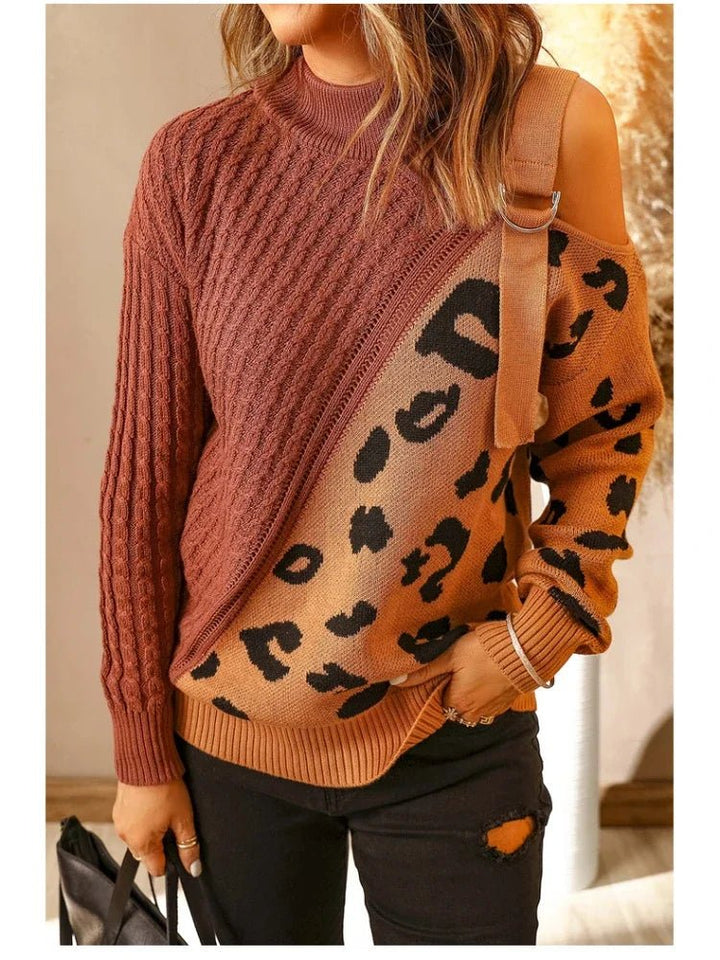 Womens One-Shoulder Sweater with Leopard Print Winter Style