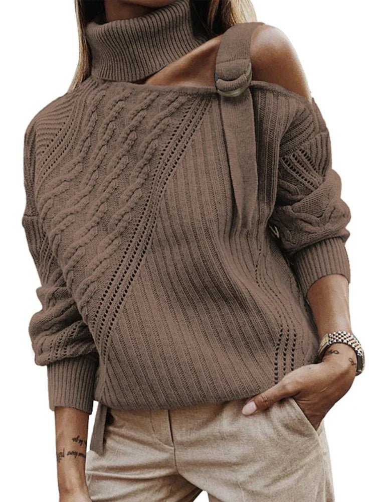 Womens One-Shoulder Sweater with Leopard Print Winter Style