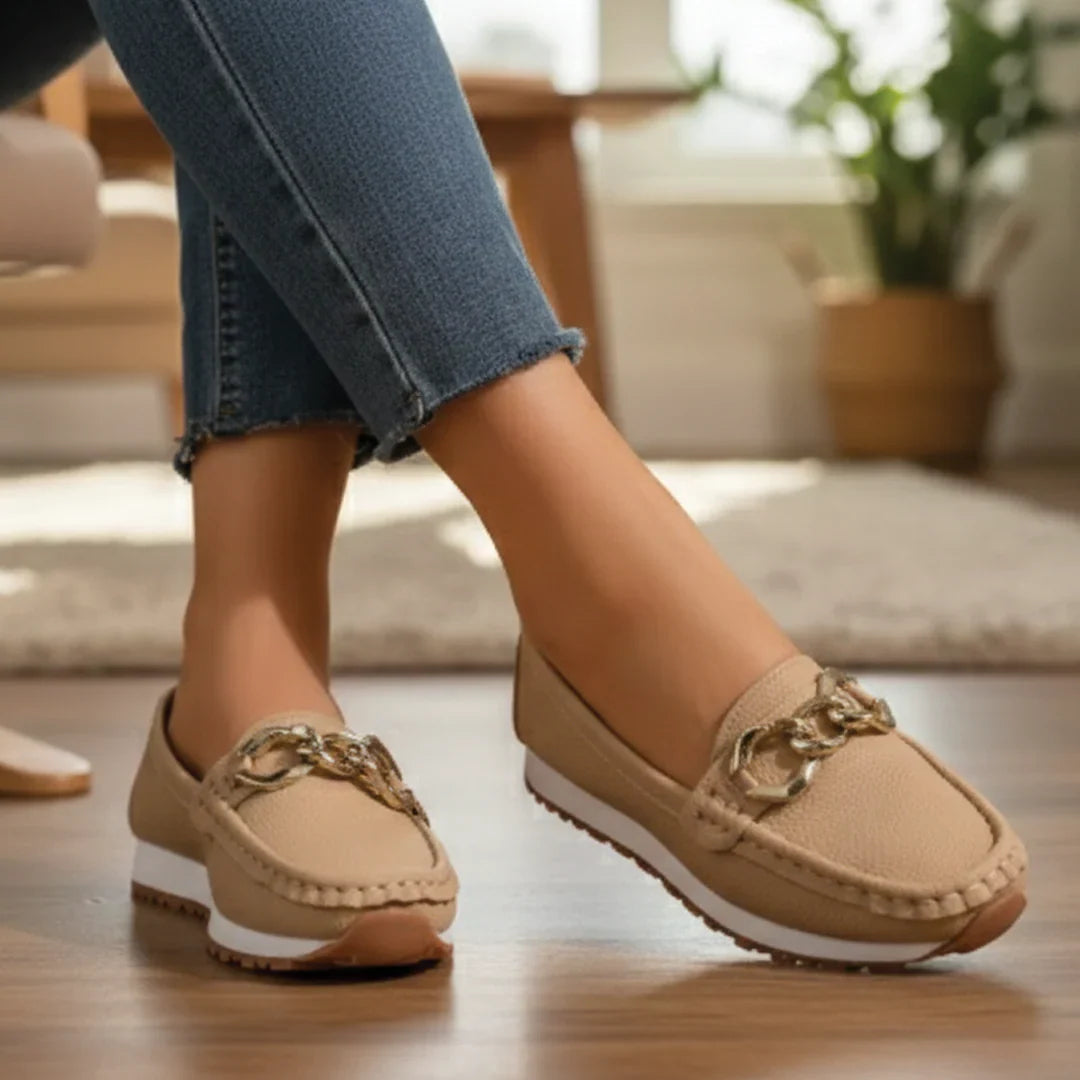 Womens Slip-On Loafers with Chain Detail Flat Wedge Sole - BritishMode