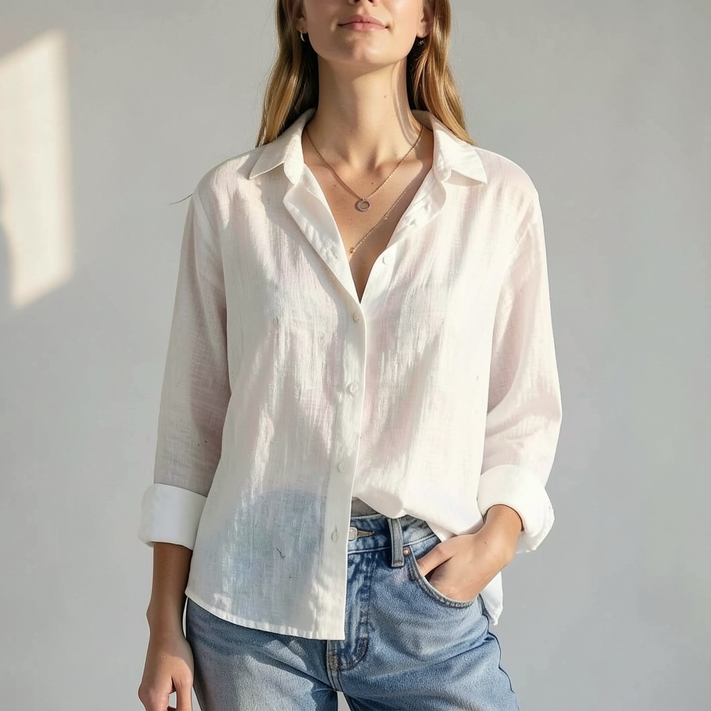 Womens Linen Button-Down Blouse Relaxed Fit - BritishMode