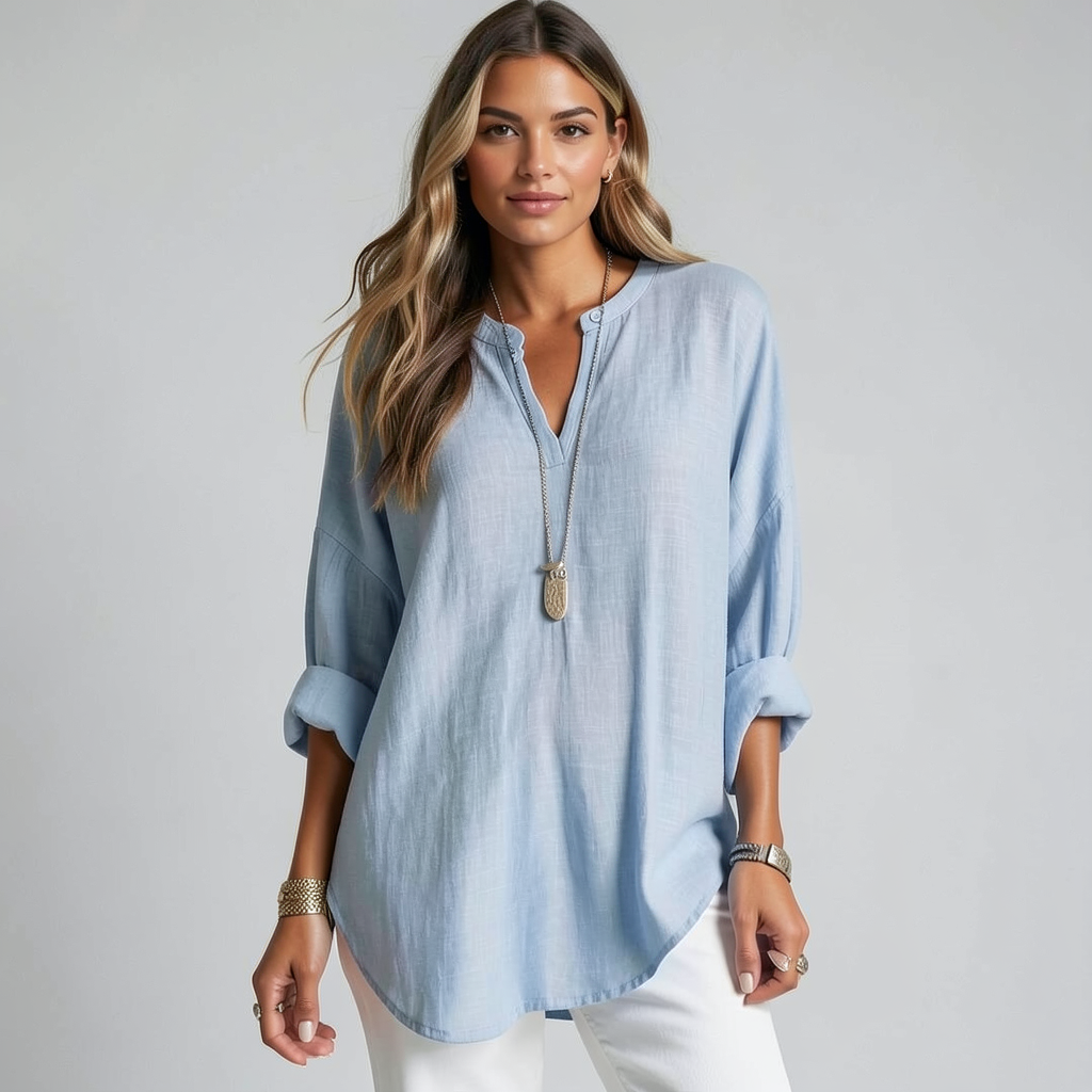 Womens Linen Tunic Blouse V-Neck Oversized Fit - BritishMode