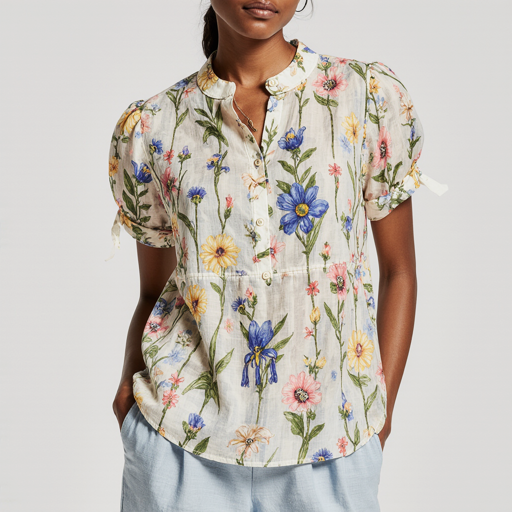 Womens Linen Blouse Puff Sleeve Meadow Print - BritishMode