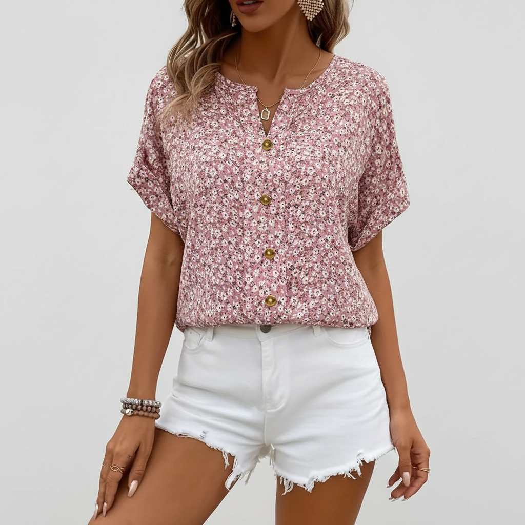 Womens Button-Front Blouse with Ditsy Floral Print Short Sleeve - BritishMode