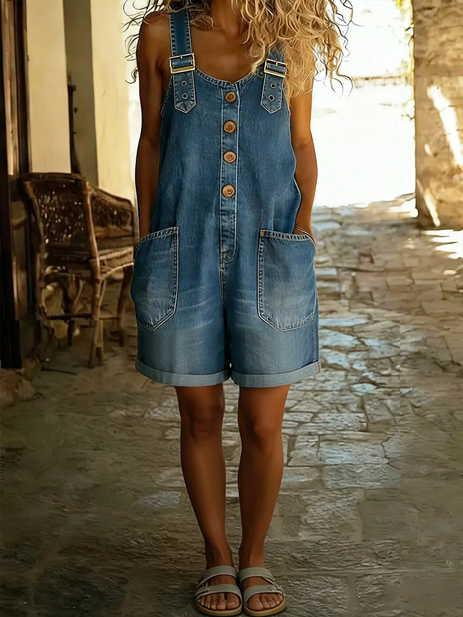 Womens Denim Short Jumpsuit Button Front Adjustable Straps - BritishMode