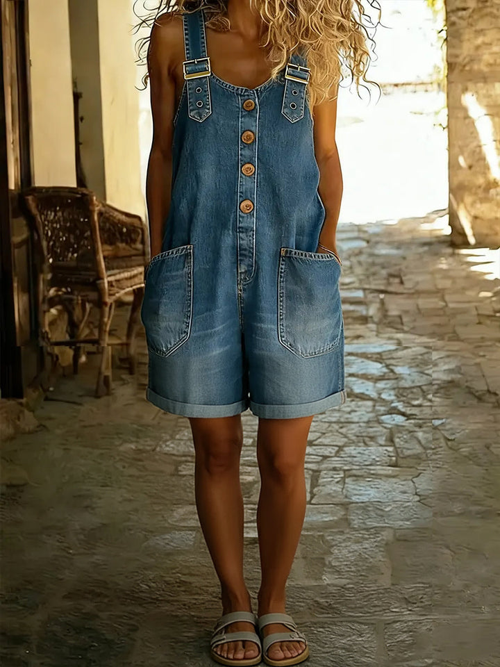 Womens Denim Short Jumpsuit Button Front Adjustable Straps - BritishMode