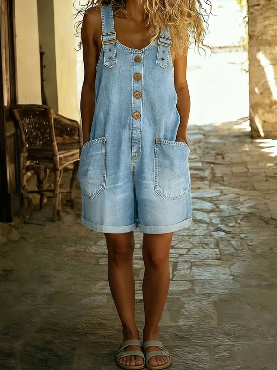 Womens Denim Short Jumpsuit Button Front Adjustable Straps
