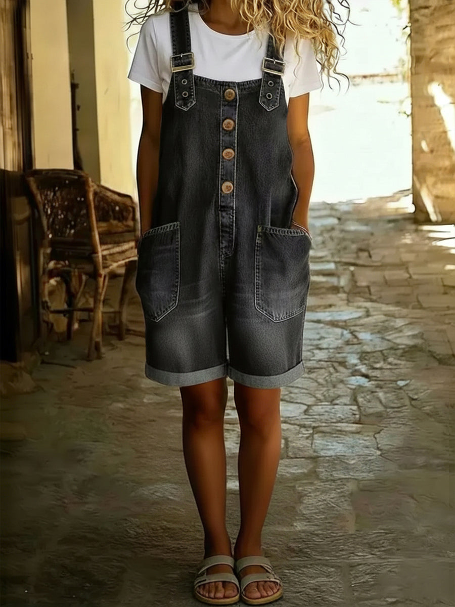 Womens Denim Short Jumpsuit Button Front Adjustable Straps
