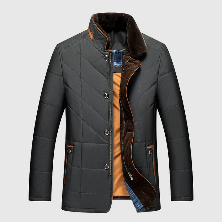 Mens Mid-Length Puffer Jacket Faux Fur Lined Chevron Quilted