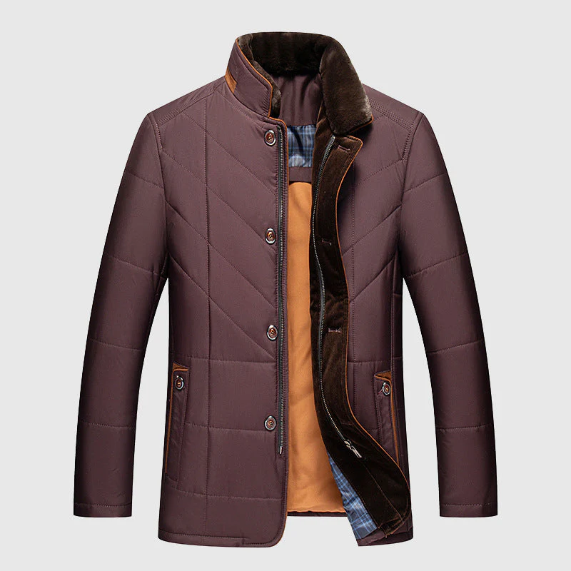 Mens Mid-Length Puffer Jacket Faux Fur Lined Chevron Quilted