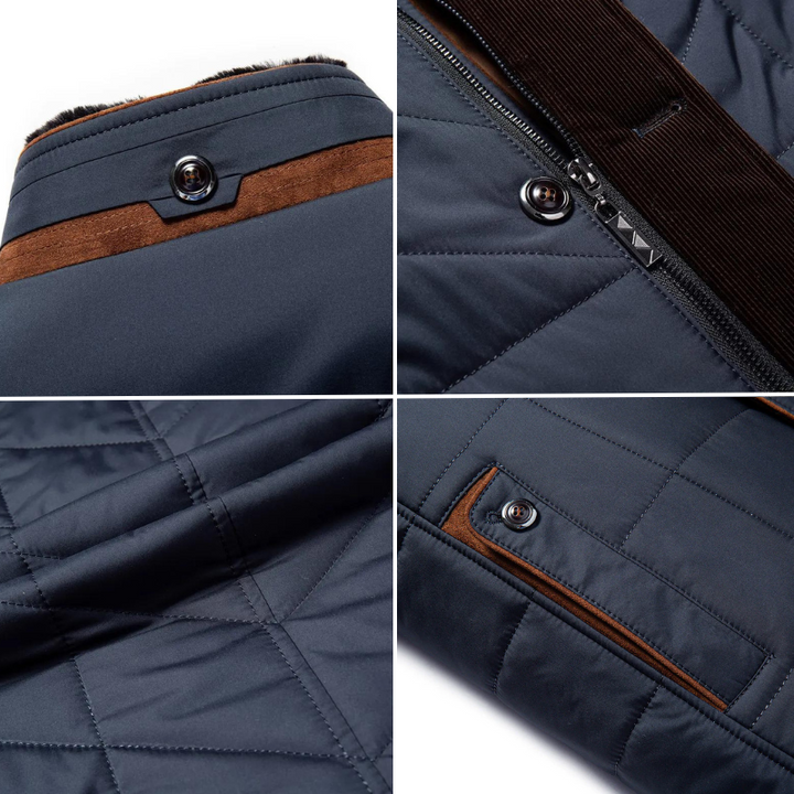 Mens Mid-Length Puffer Jacket Faux Fur Lined Chevron Quilted