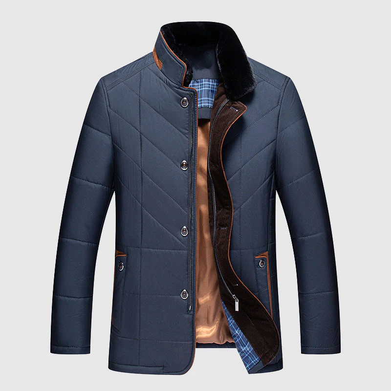 Mens Mid-Length Puffer Jacket Faux Fur Lined Chevron Quilted - BritishMode