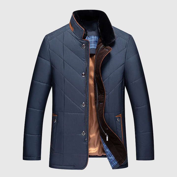Mens Mid-Length Puffer Jacket Faux Fur Lined Chevron Quilted - BritishMode