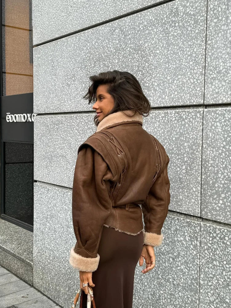 Womens Faux Shearling Jacket Belted Warm Lining Winter Coat