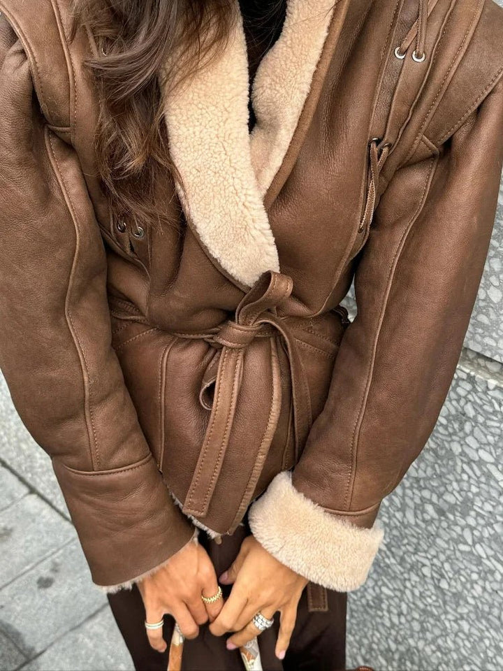 Womens Faux Shearling Jacket Belted Warm Lining Winter Coat