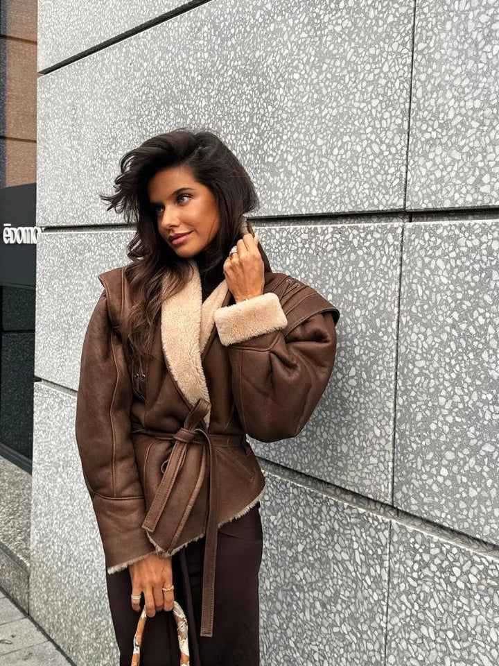 Womens Faux Shearling Jacket Belted Warm Lining Winter Coat