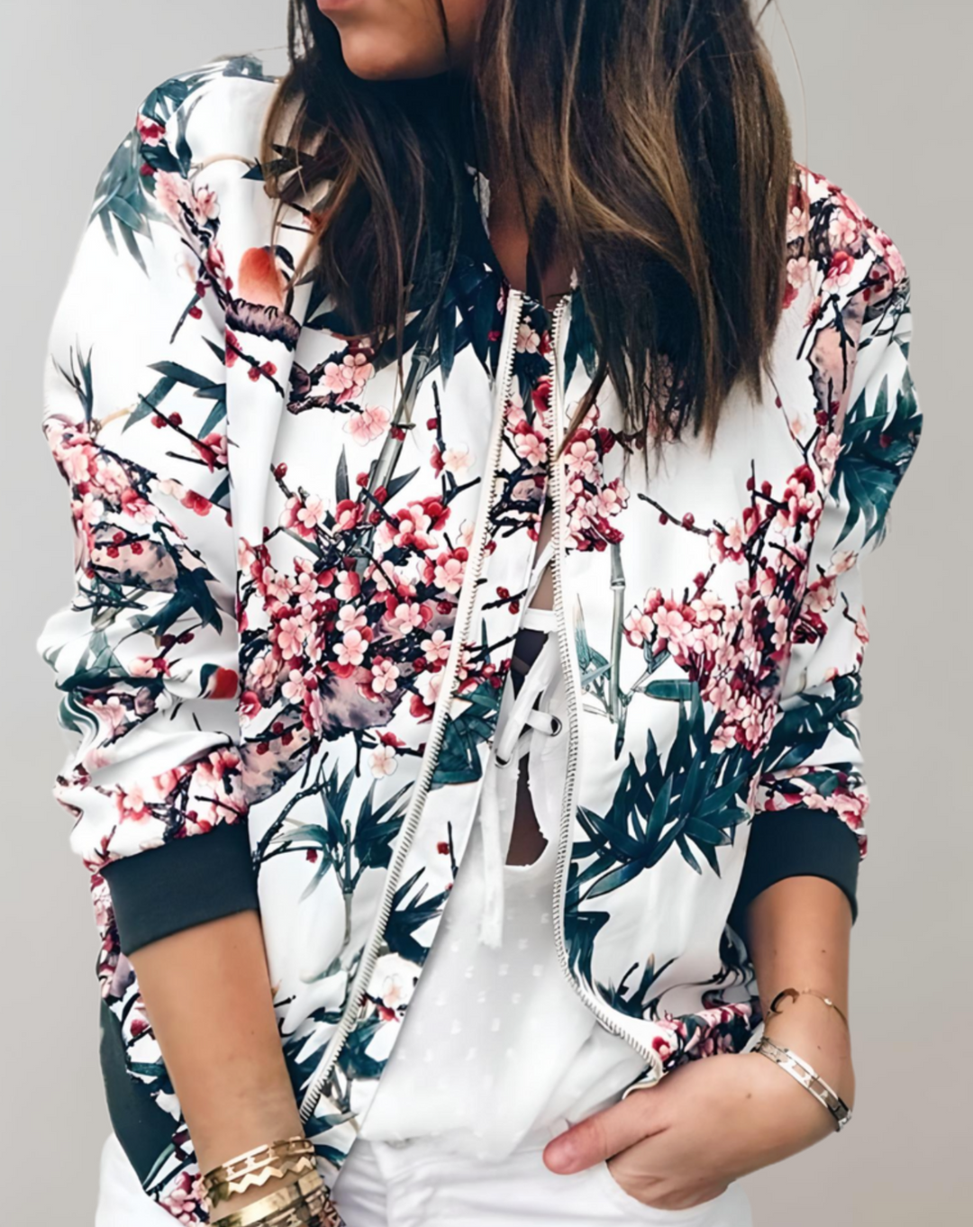 Womens Bomber Jacket Floral Pattern Casual Fit - BritishMode