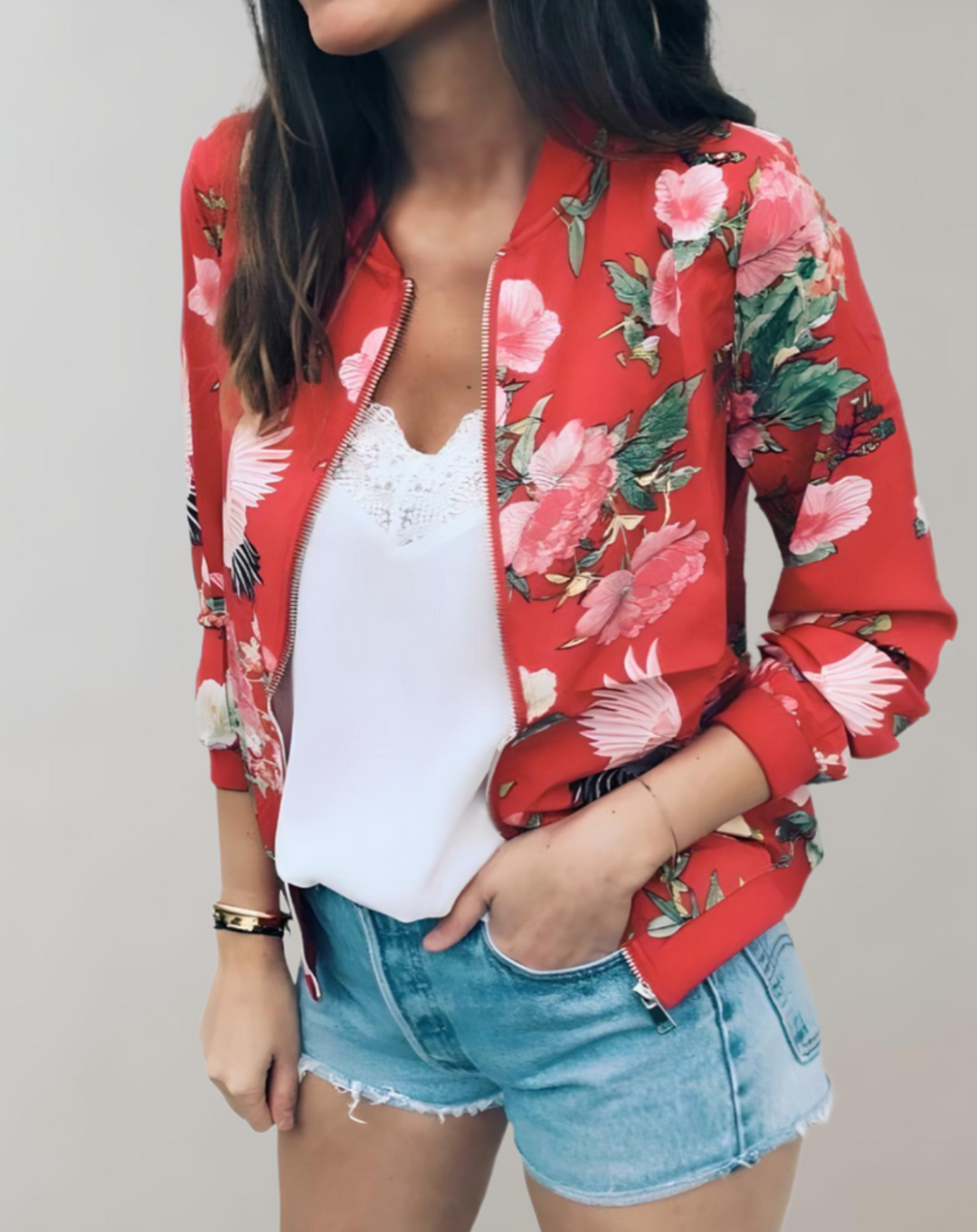 Womens Bomber Jacket Floral Pattern Casual Fit