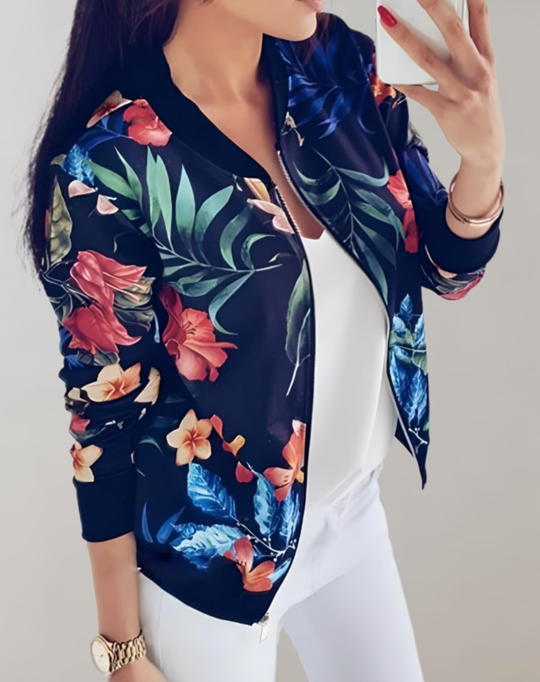 Womens Bomber Jacket Floral Pattern Casual Fit