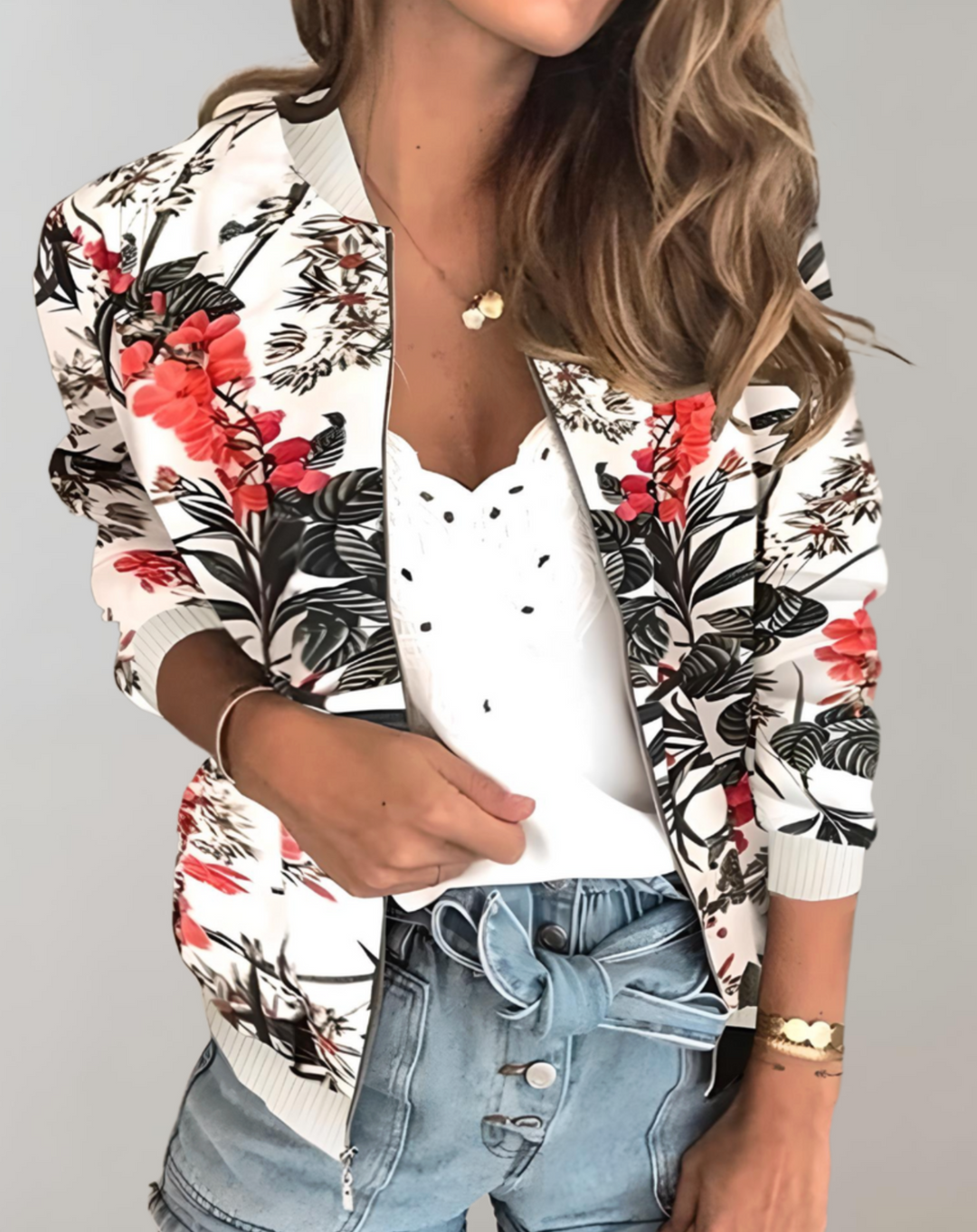 Womens Bomber Jacket Floral Pattern Casual Fit