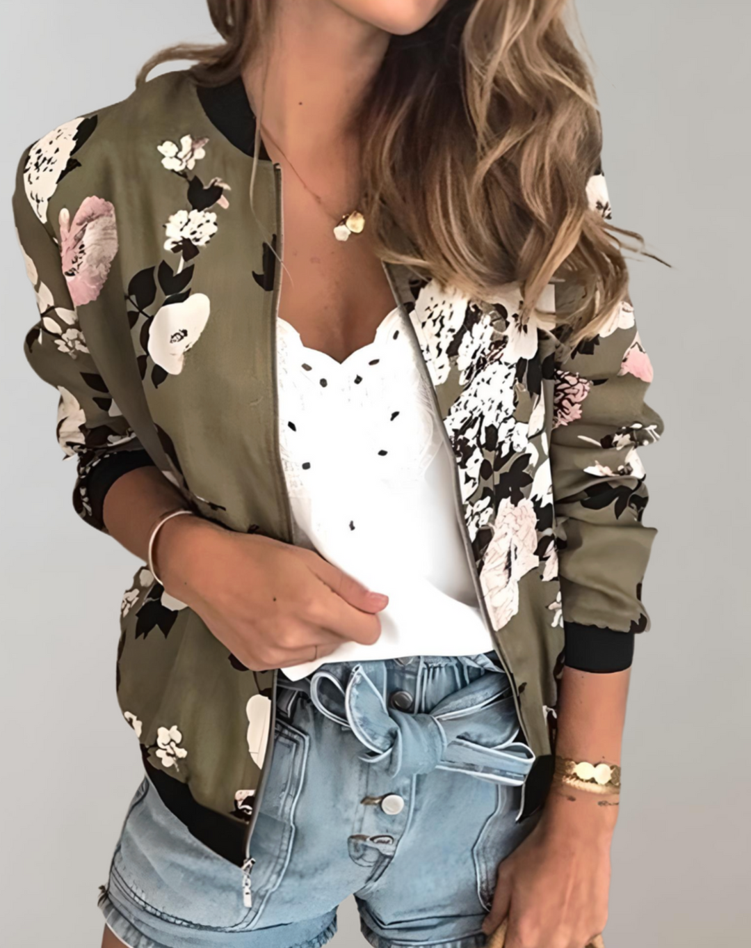 Womens Bomber Jacket Floral Pattern Casual Fit