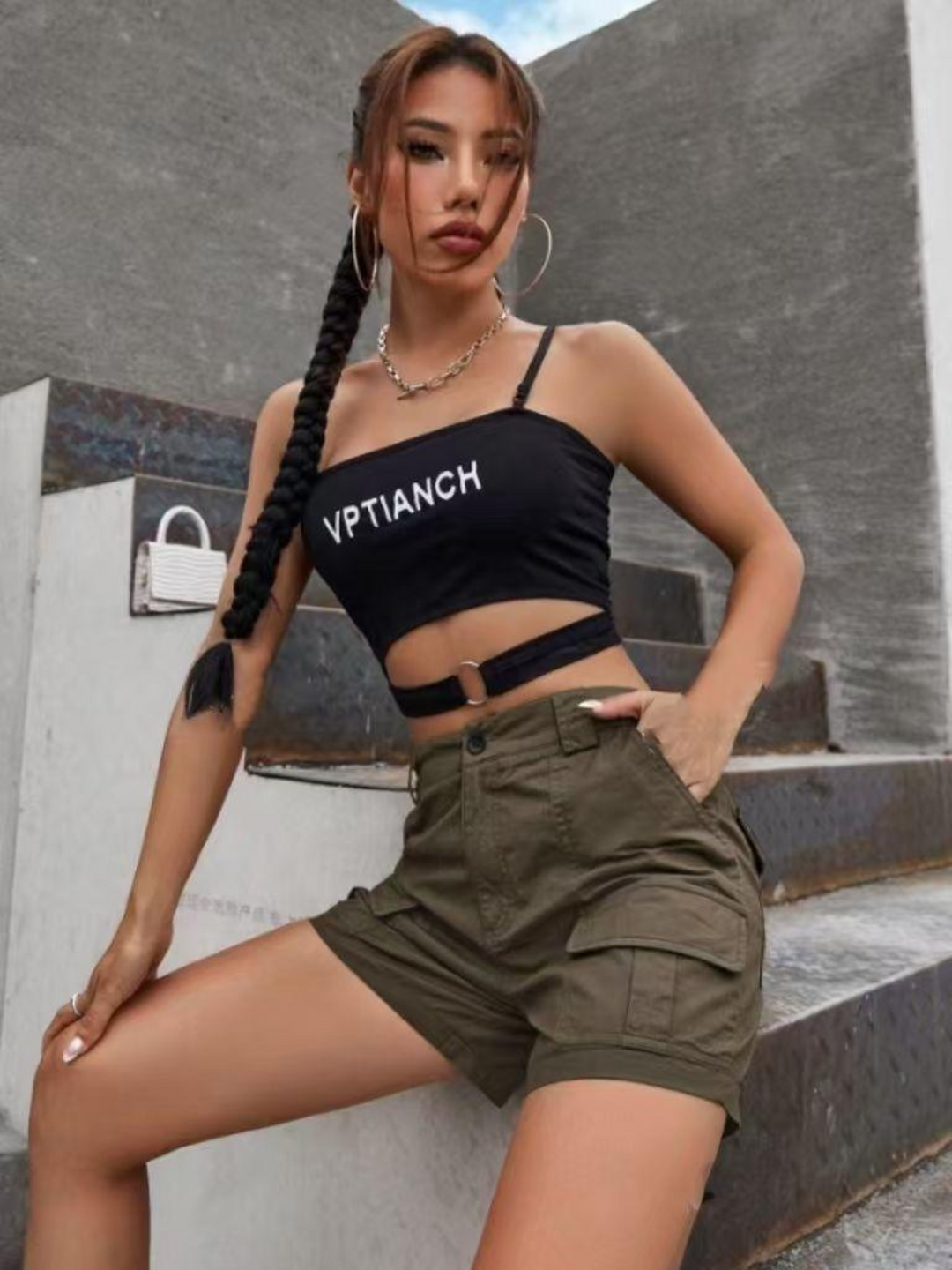 Womens Cargo Shorts with Belt Loops and Button Fly