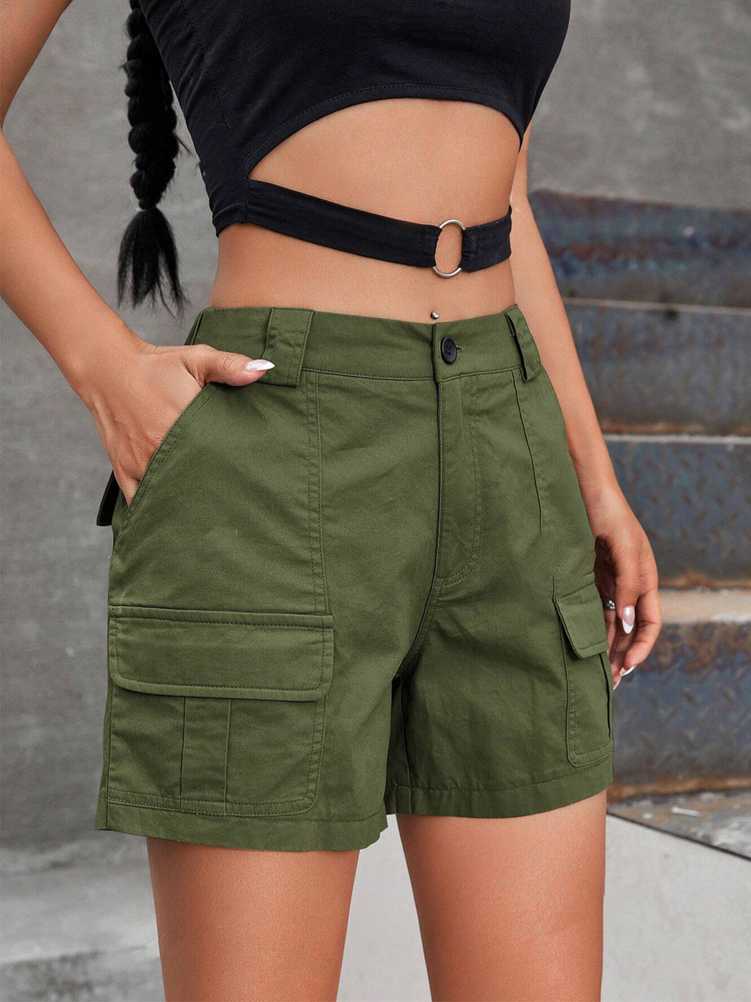 Womens Cargo Shorts with Belt Loops and Button Fly